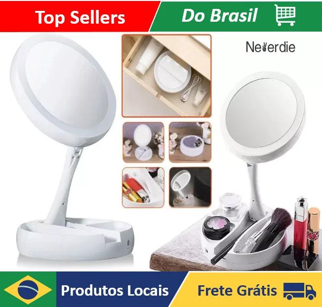 Espelho de Maquiagem 10x com LED – Iluminação Dupla e Organização Prática!