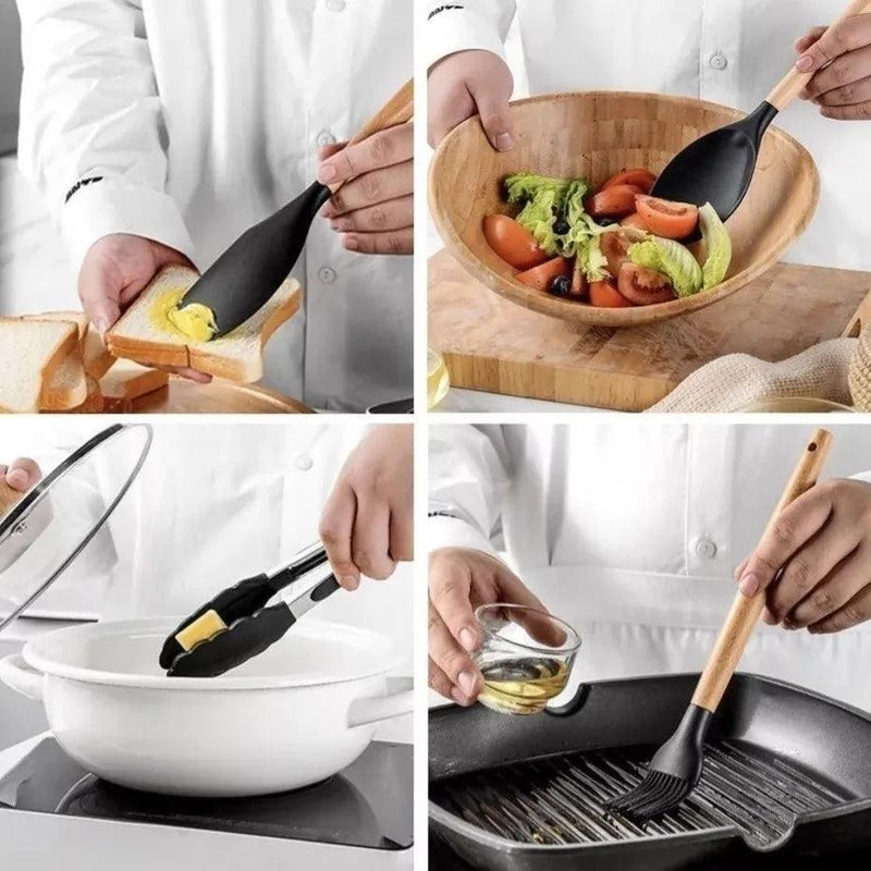 Kit Completo de Utensílios de Cozinha em Silicone – 12 Peças com Cabo de Madeira