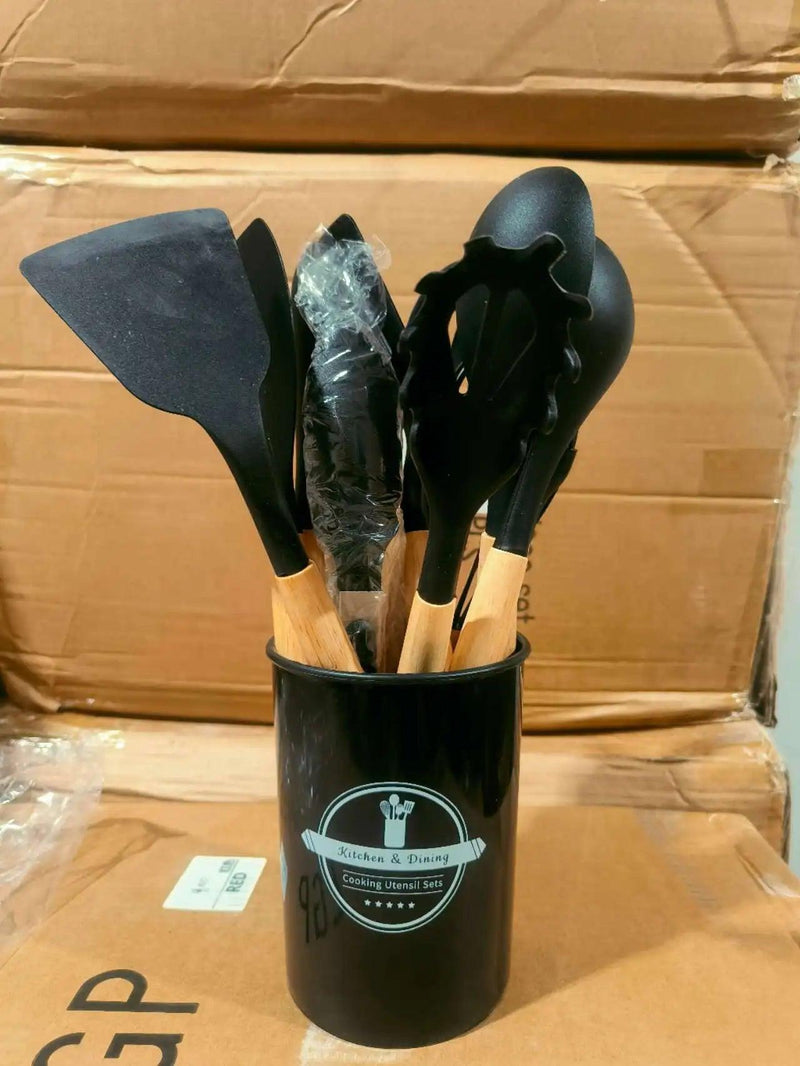Kit Completo de Utensílios de Cozinha em Silicone – 12 Peças com Cabo de Madeira