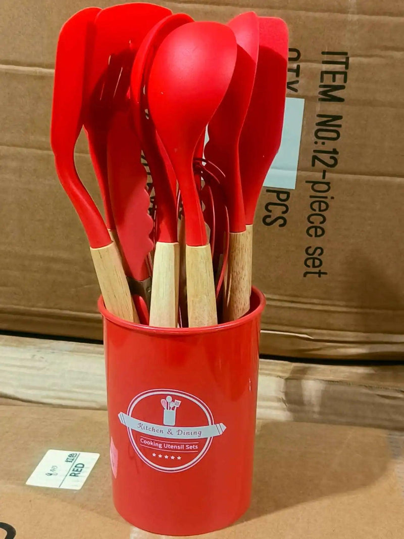 Kit Completo de Utensílios de Cozinha em Silicone – 12 Peças com Cabo de Madeira