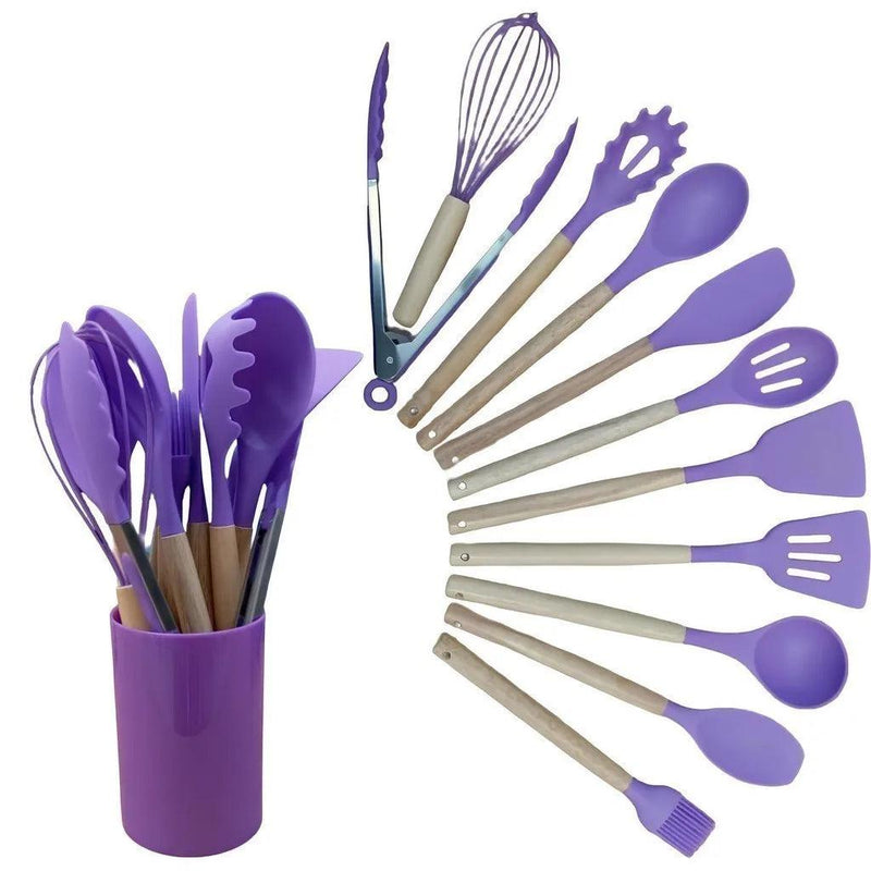 Kit Completo de Utensílios de Cozinha em Silicone – 12 Peças com Cabo de Madeira