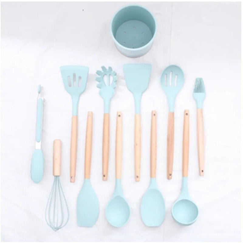Kit Completo de Utensílios de Cozinha em Silicone – 12 Peças com Cabo de Madeira