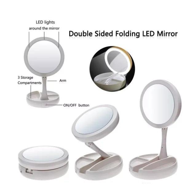 Espelho de Maquiagem 10x com LED – Iluminação Dupla e Organização Prática!